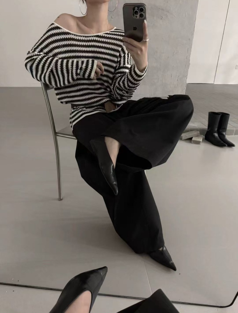 Long sleeve lazy stripe smock autumn hollow loose sweater