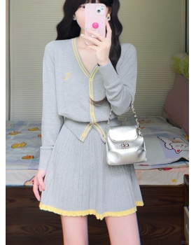 Knitted pleated coat autumn V-neck skirt 2pcs set
