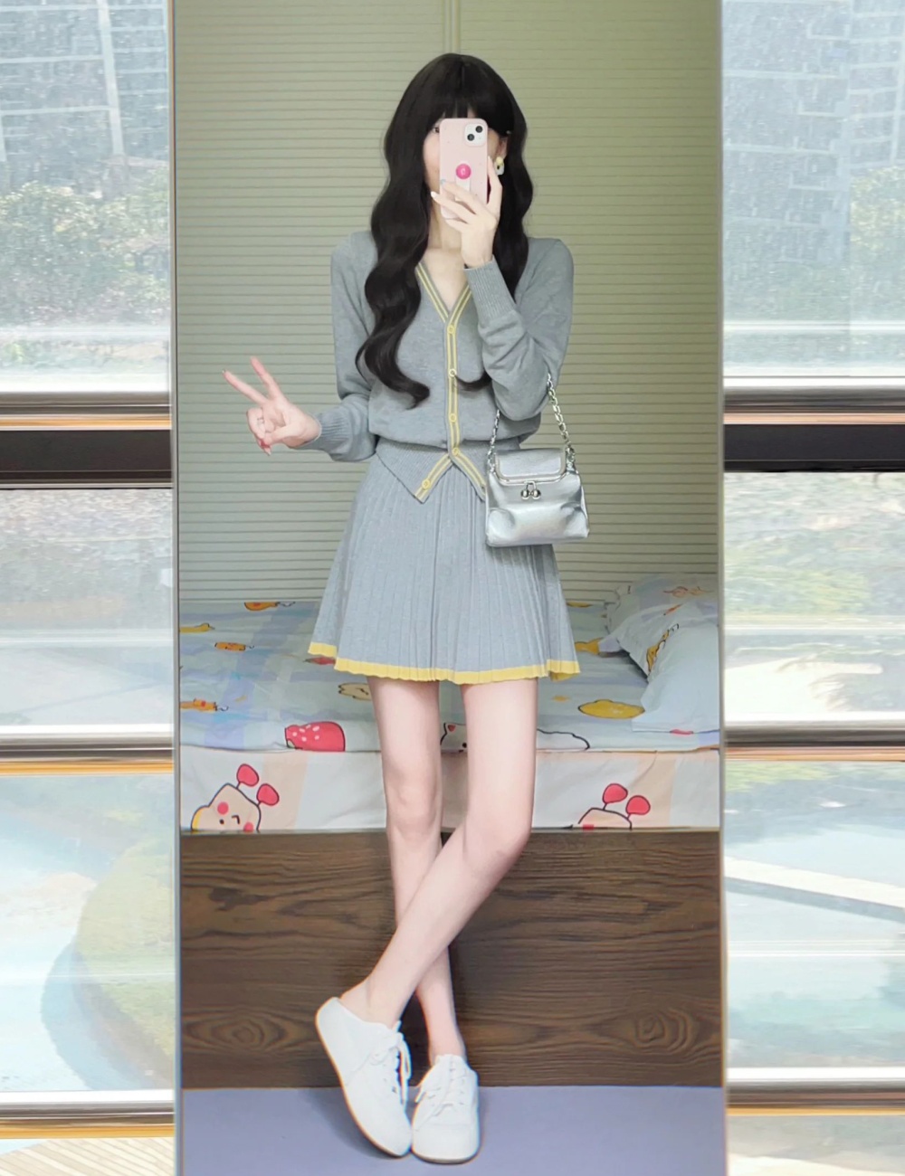 Knitted pleated coat autumn V-neck skirt 2pcs set