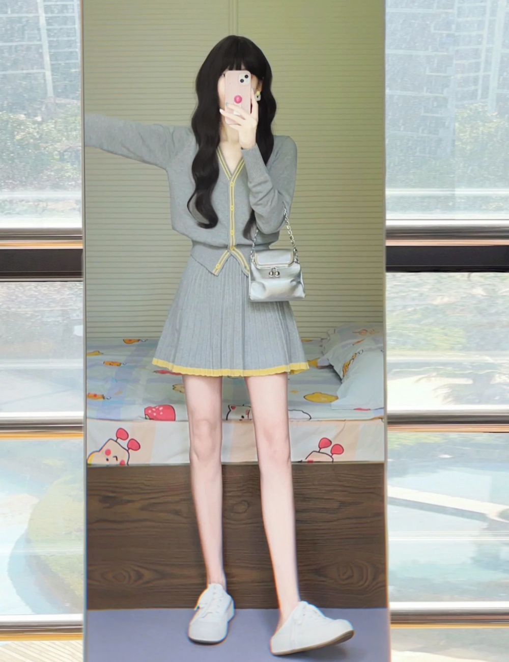 Knitted pleated coat autumn V-neck skirt 2pcs set
