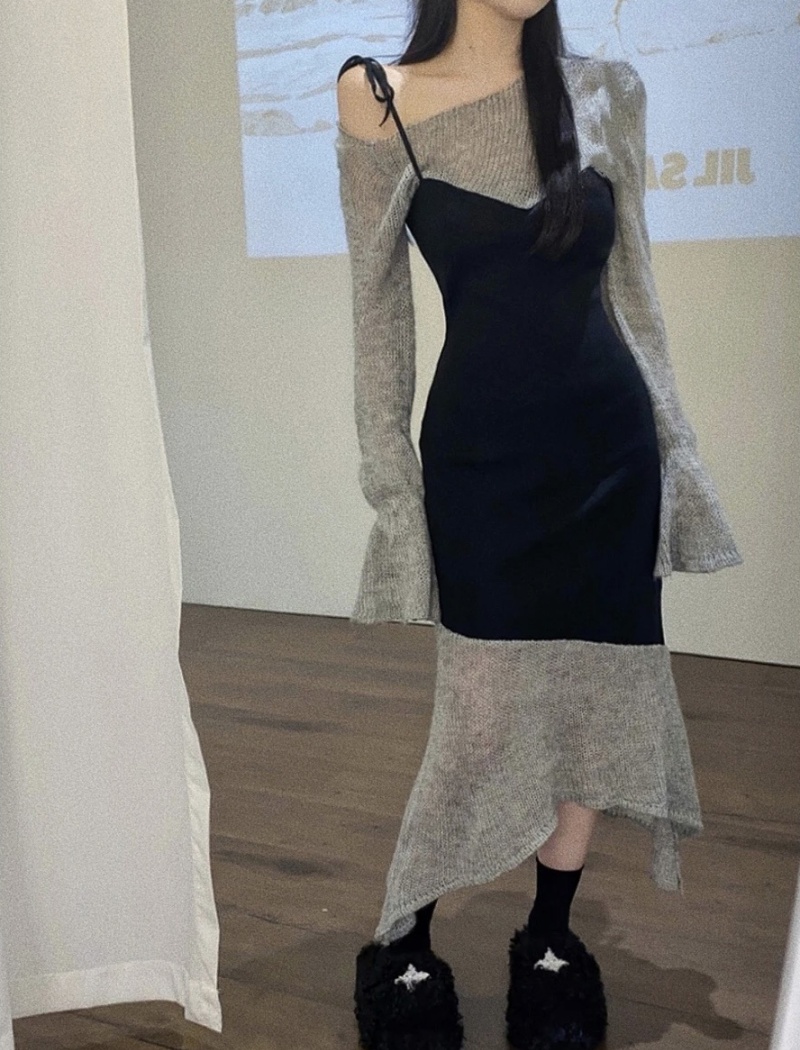 Pseudo-two autumn long dress niche mermaid dress for women
