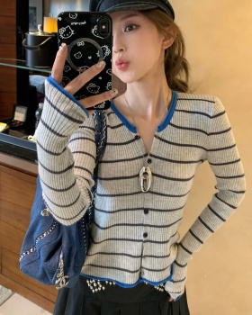 Mixed colors stripe tops slim cardigan for women