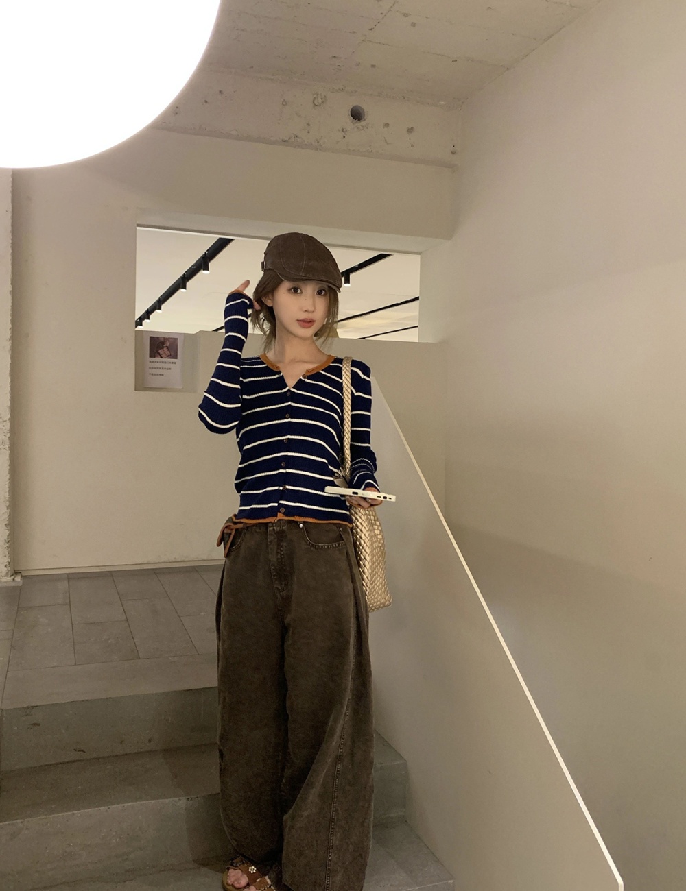 Mixed colors stripe tops slim cardigan for women