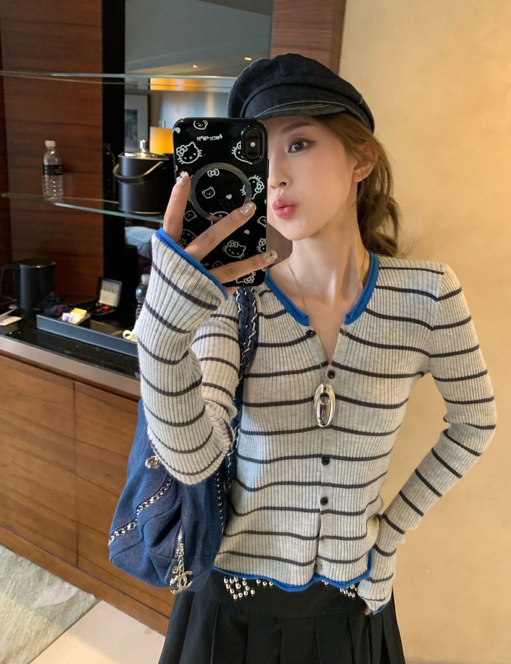 Mixed colors stripe tops slim cardigan for women