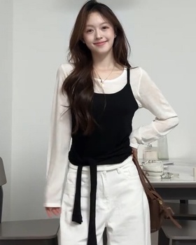 Black-white bottoming long sleeve tops 2pcs set