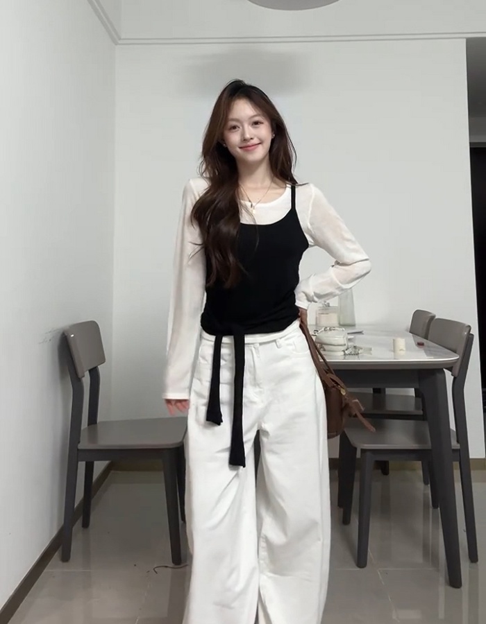 Black-white bottoming long sleeve tops 2pcs set