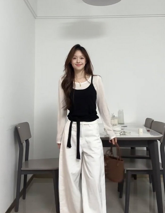 Black-white bottoming long sleeve tops 2pcs set