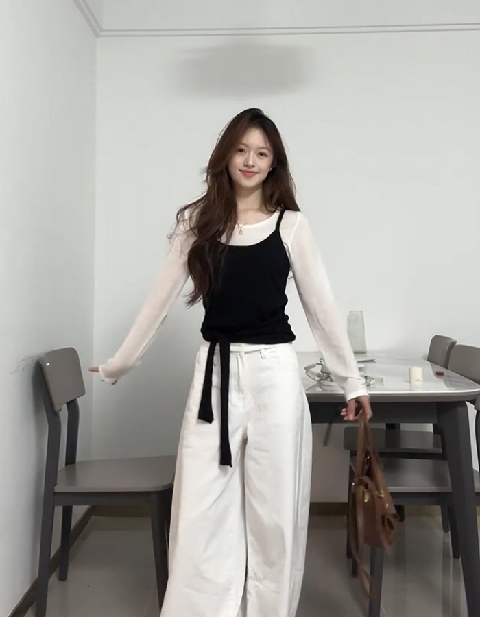 Black-white bottoming long sleeve tops 2pcs set