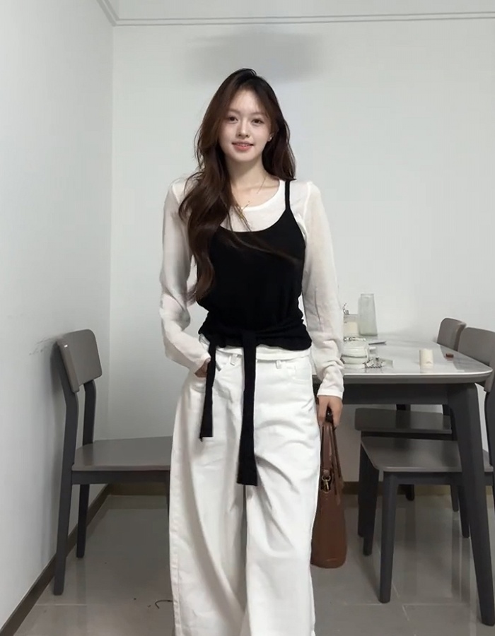 Black-white bottoming long sleeve tops 2pcs set