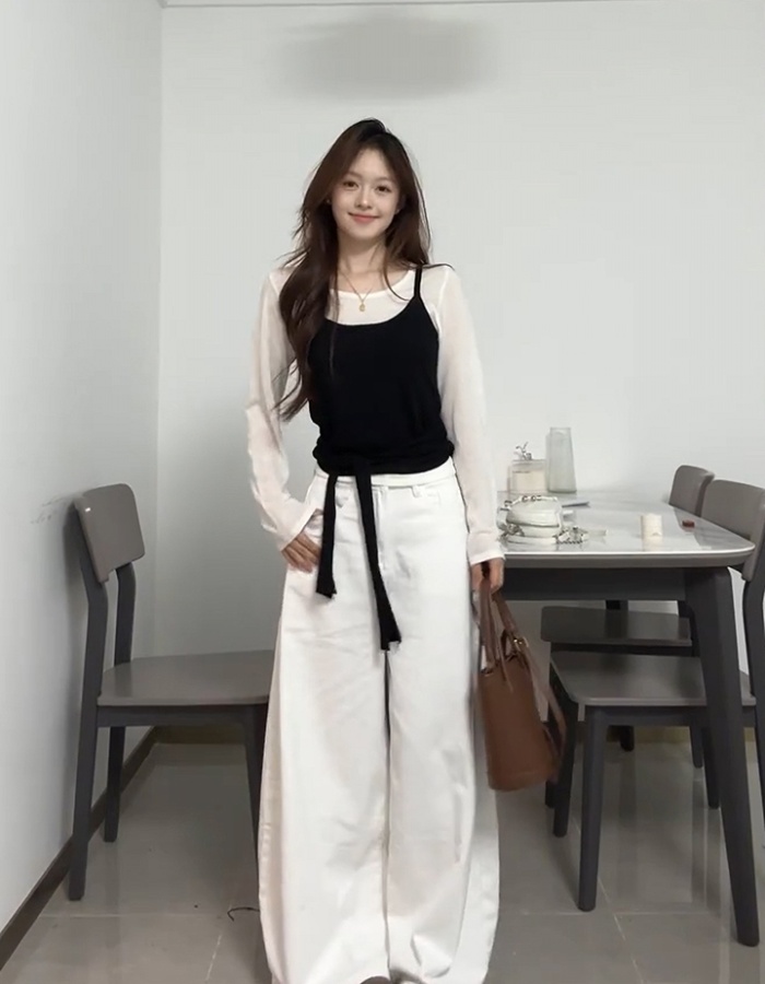 Black-white bottoming long sleeve tops 2pcs set