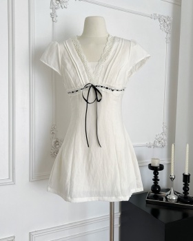 Retro splice bow lace dress