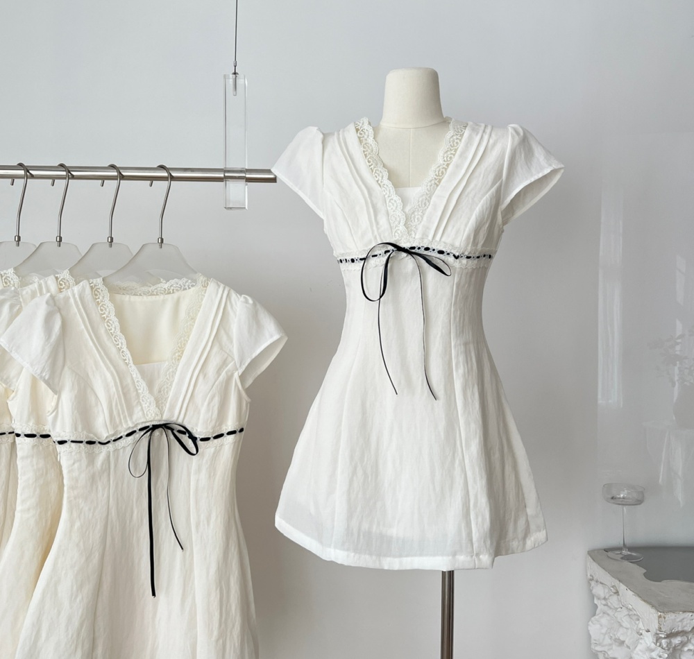 Retro splice bow lace dress