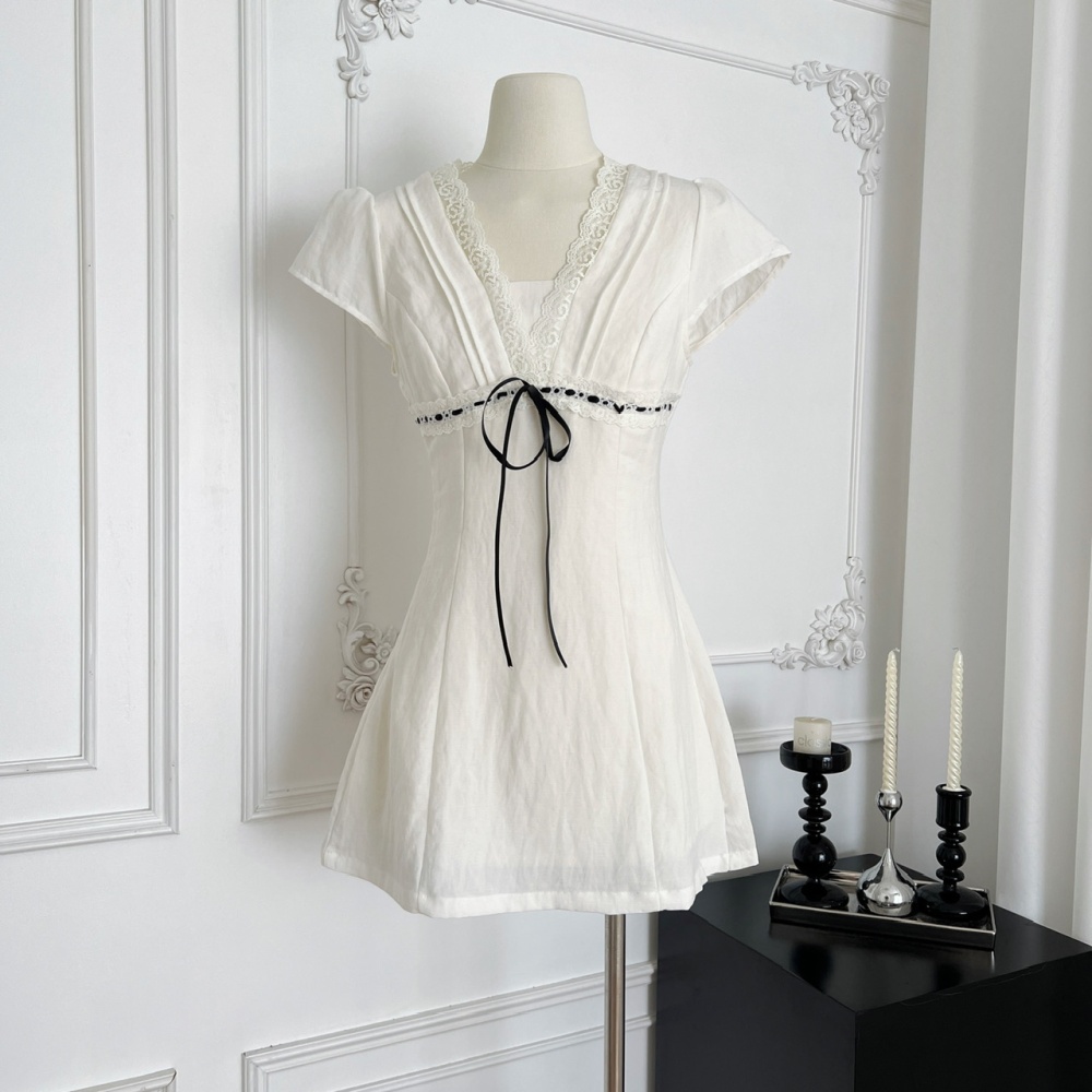 Retro splice bow lace dress