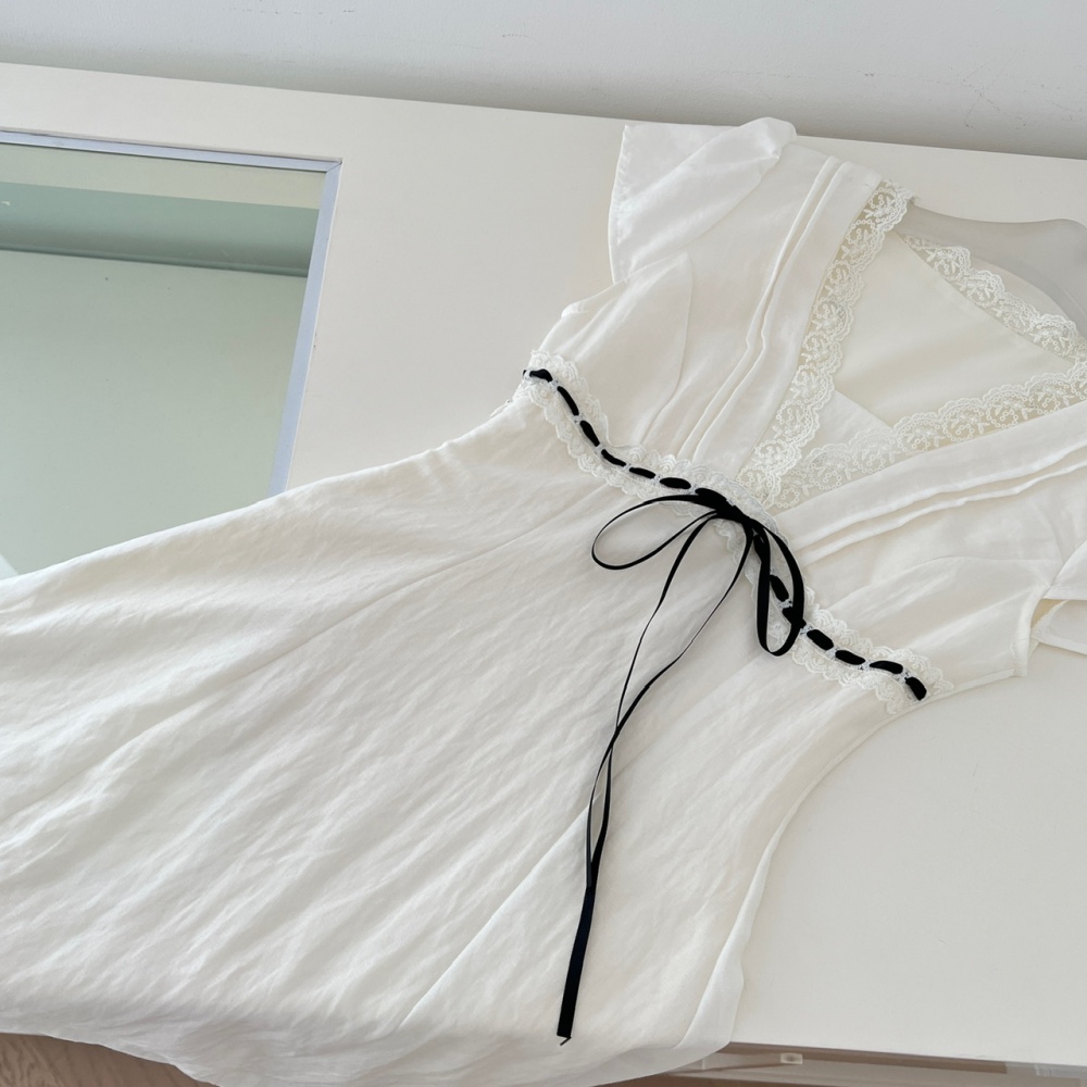 Retro splice bow lace dress