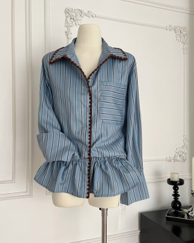 Unique autumn blue tops stripe France style shirt for women