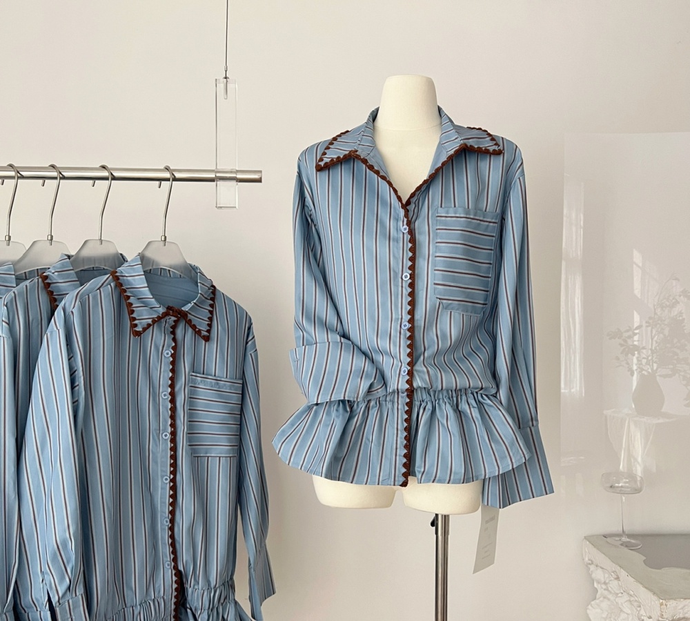 Unique autumn blue tops stripe France style shirt for women