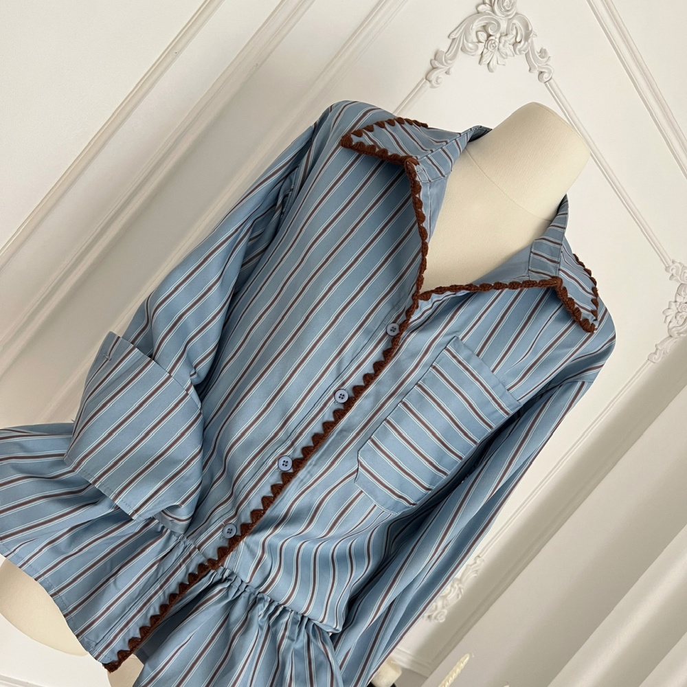 Unique autumn blue tops stripe France style shirt for women