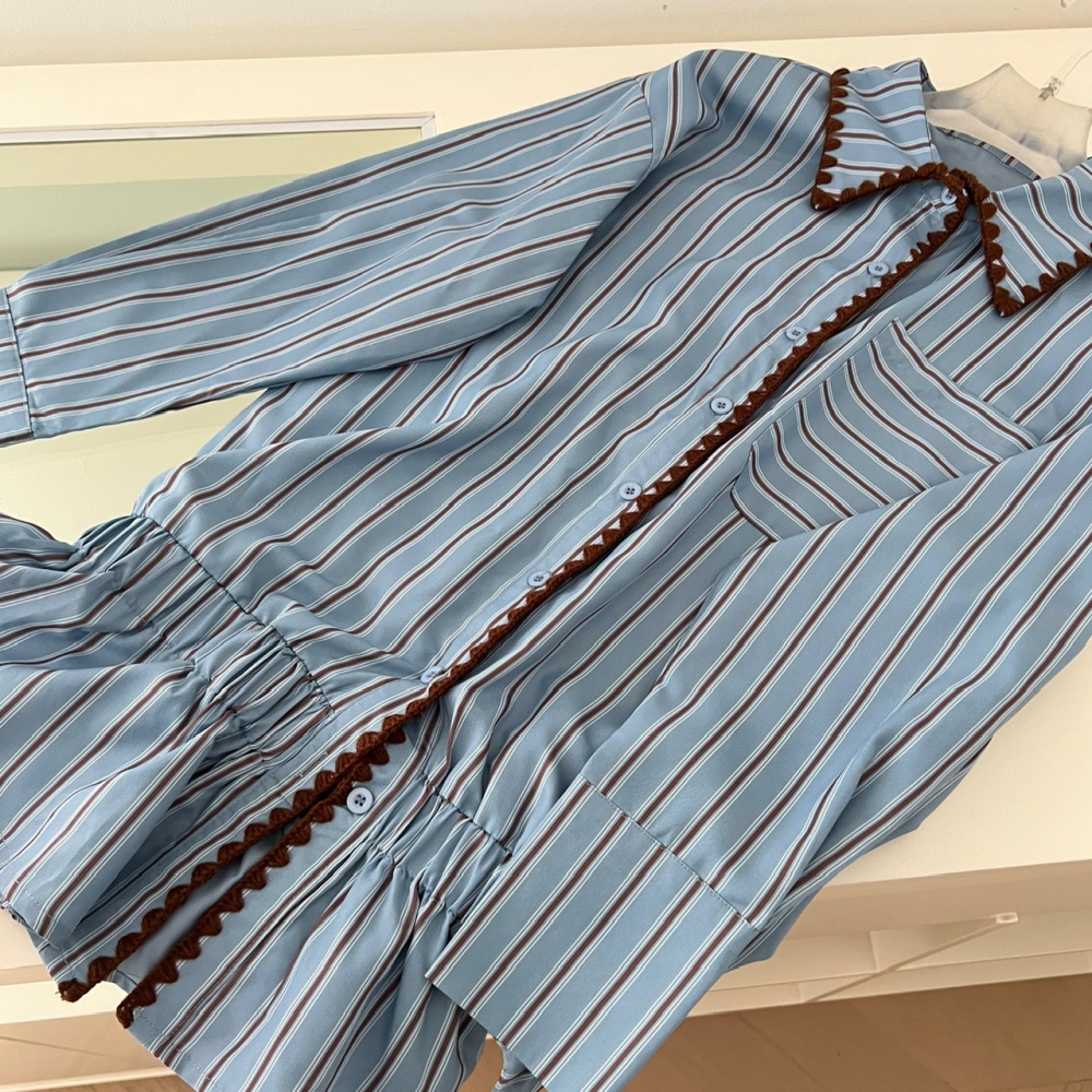 Unique autumn blue tops stripe France style shirt for women