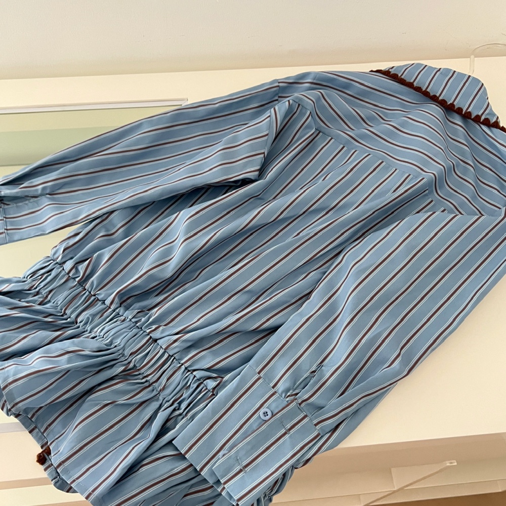 Unique autumn blue tops stripe France style shirt for women