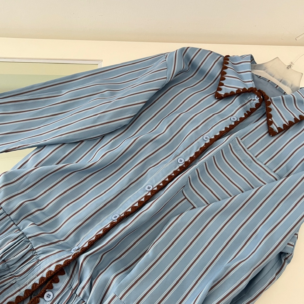 Unique autumn blue tops stripe France style shirt for women