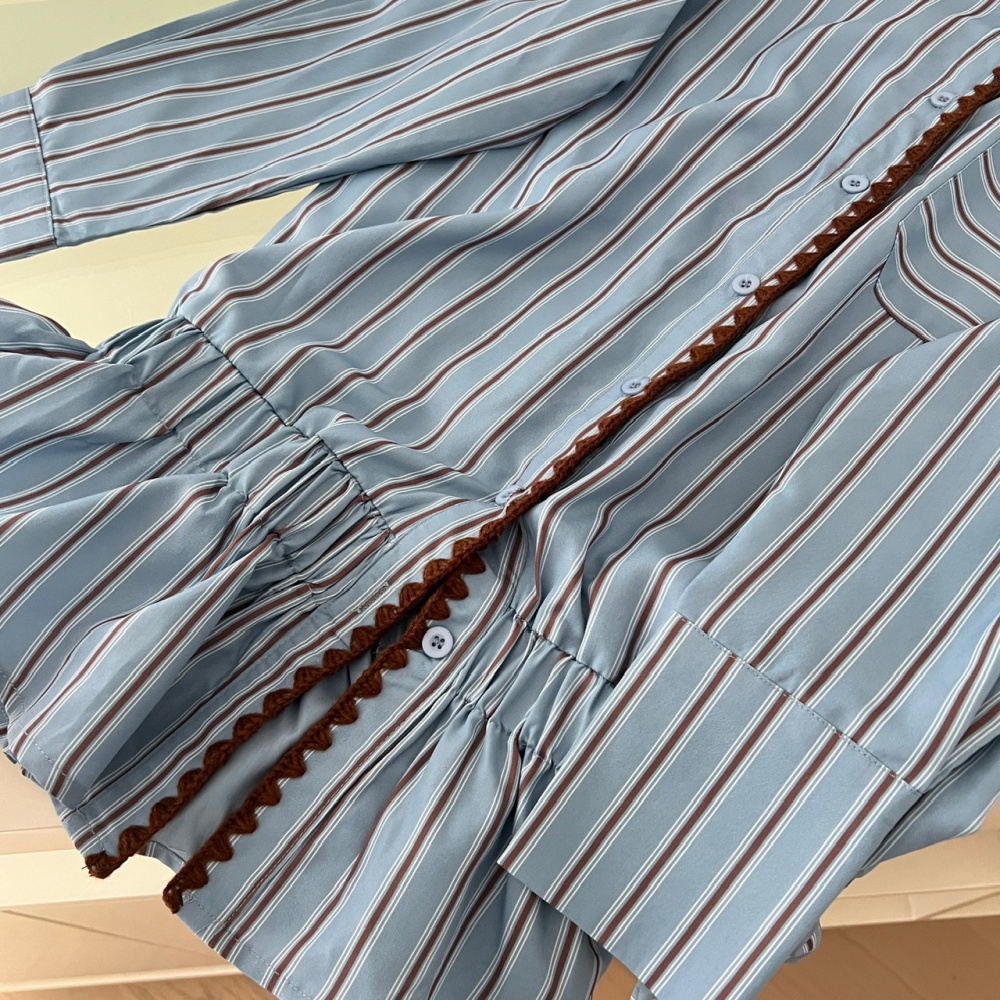Unique autumn blue tops stripe France style shirt for women