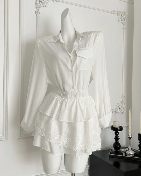 Autumn splice short skirt lace shirt 2pcs set for women