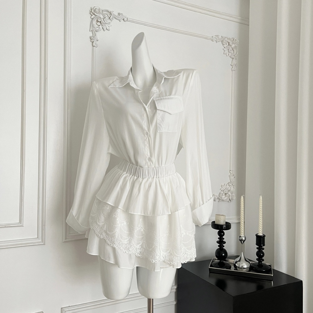 Autumn splice short skirt lace shirt 2pcs set for women