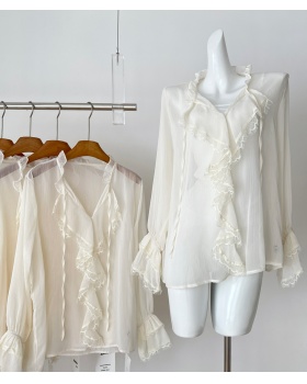 Lotus leaf edges France style romantic small shirt 2pcs set
