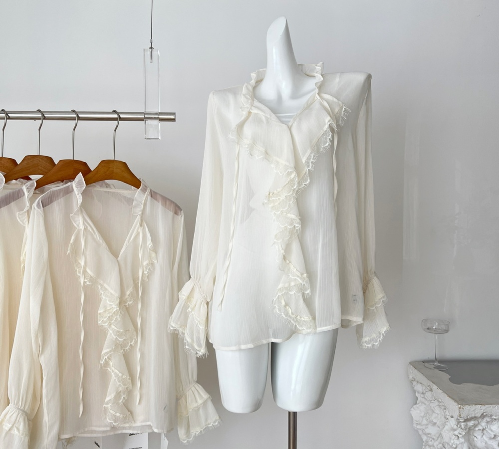 Lotus leaf edges France style romantic small shirt 2pcs set