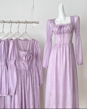 Long retro purple square collar dress for women