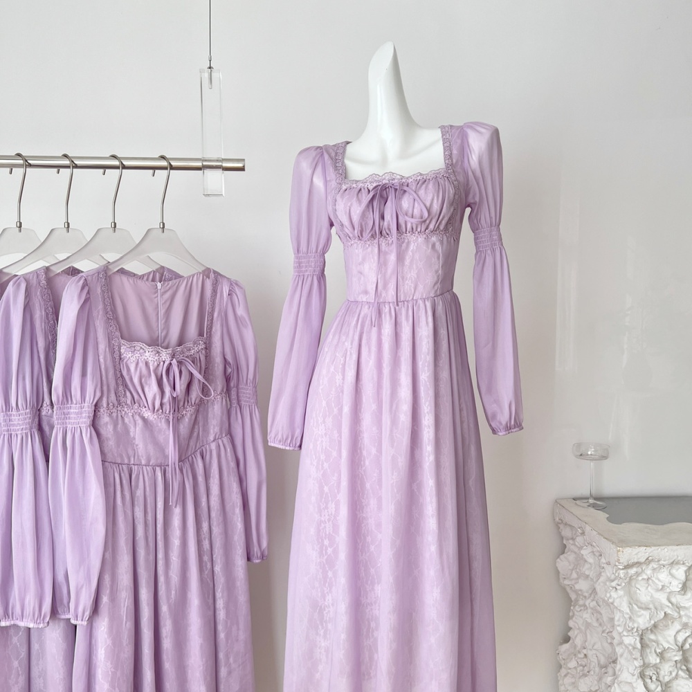Long retro purple square collar dress for women