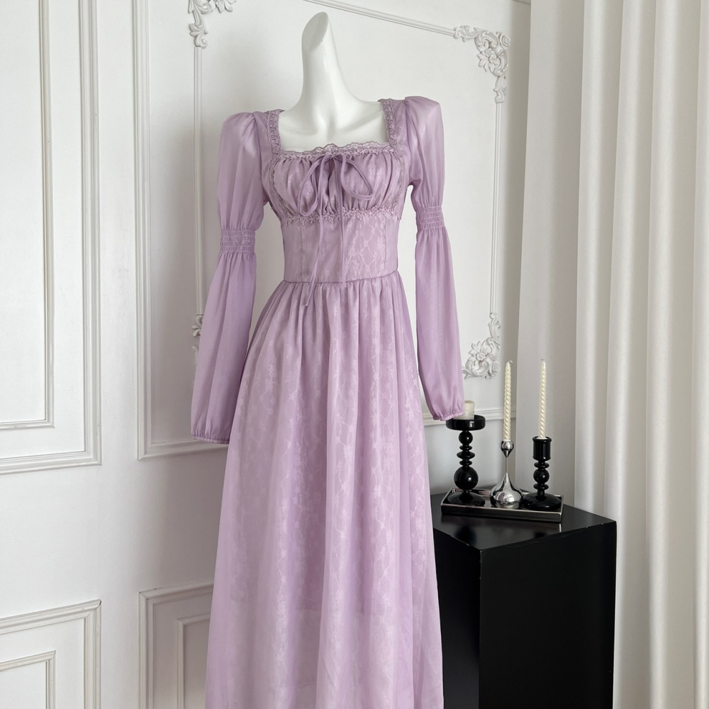 Long retro purple square collar dress for women