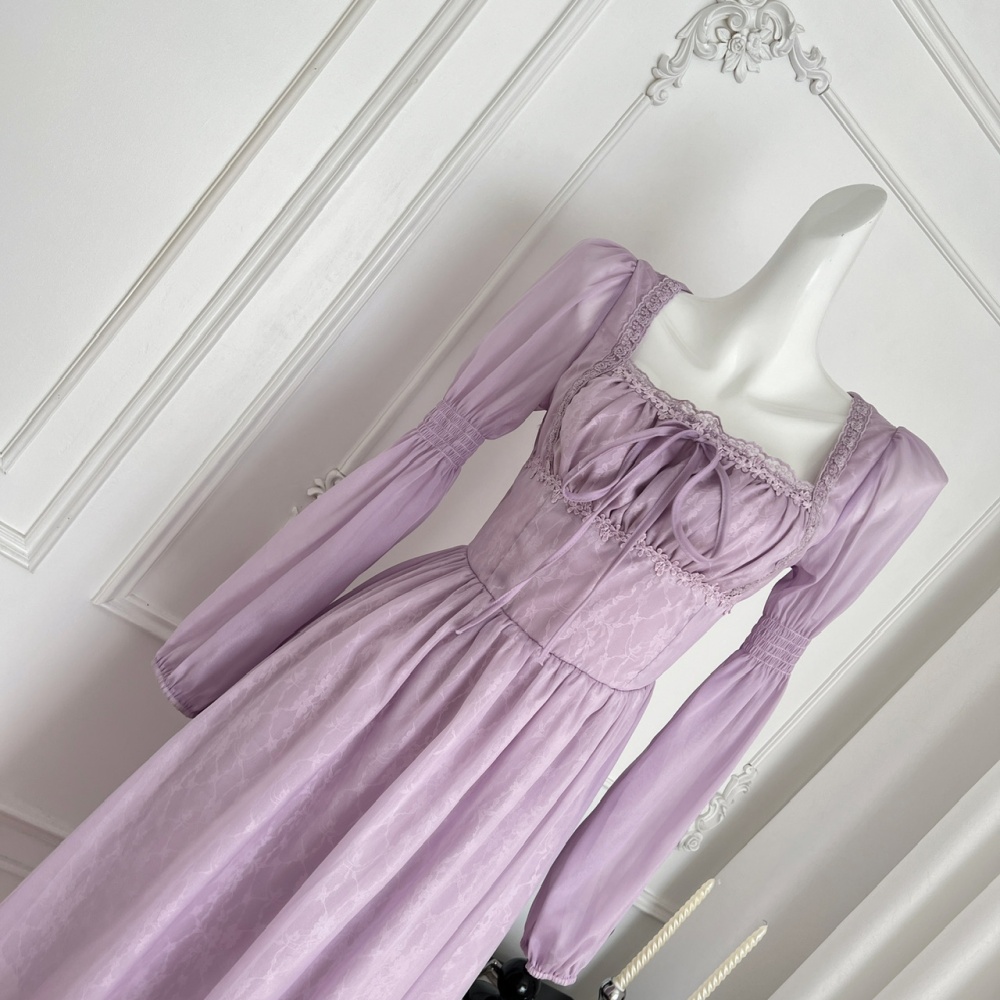 Long retro purple square collar dress for women