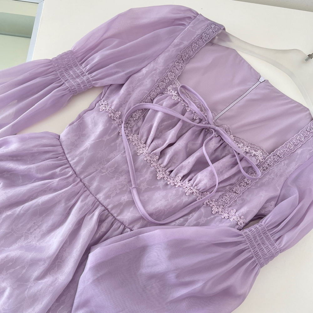 Long retro purple square collar dress for women