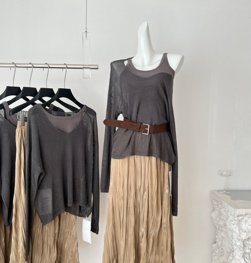 Velvet autumn temperament vest knitted sling tops 3pcs set