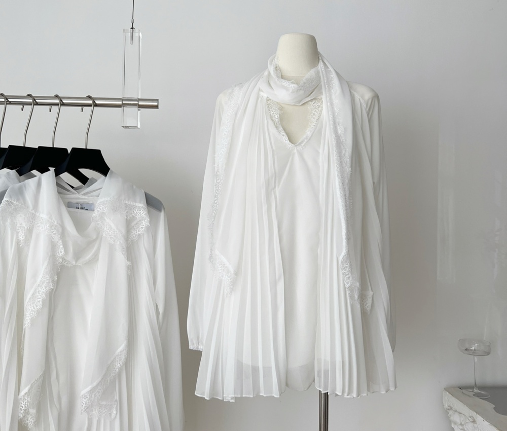 Lace imitation silk white crimp tops for women