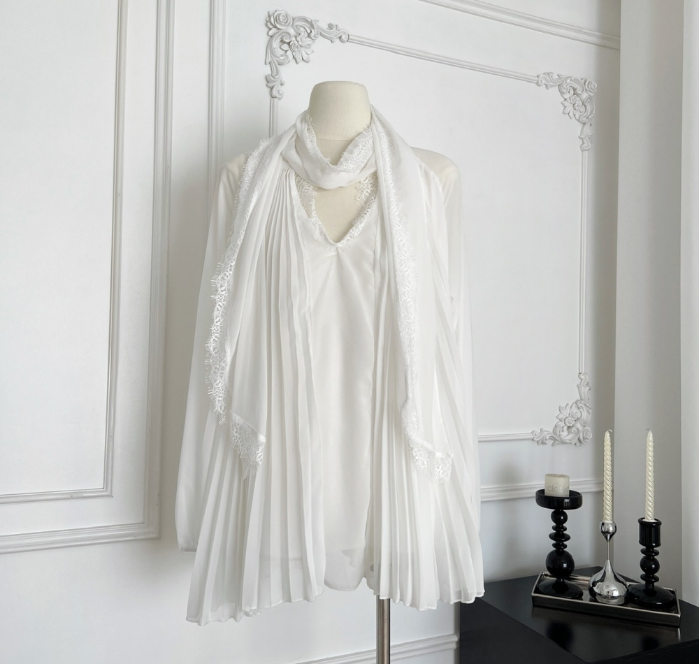 Lace imitation silk white crimp tops for women