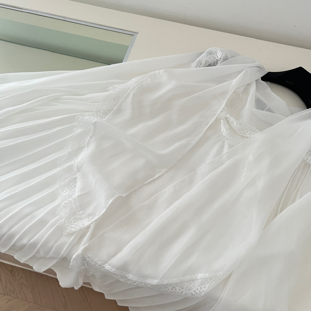 Lace imitation silk white crimp tops for women