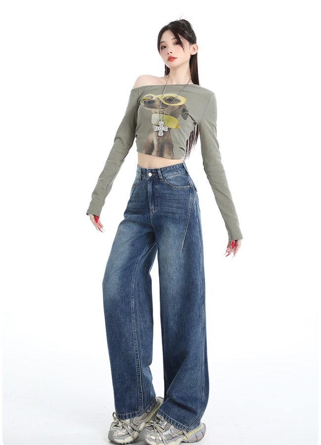 Autumn high waist loose jeans wide leg mopping pants for women