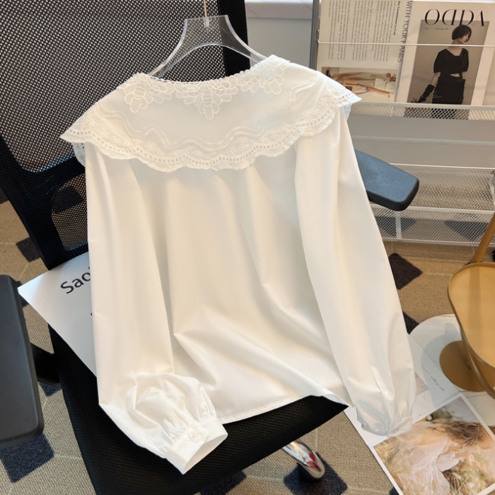 Crochet autumn shirt doll collar white tops for women