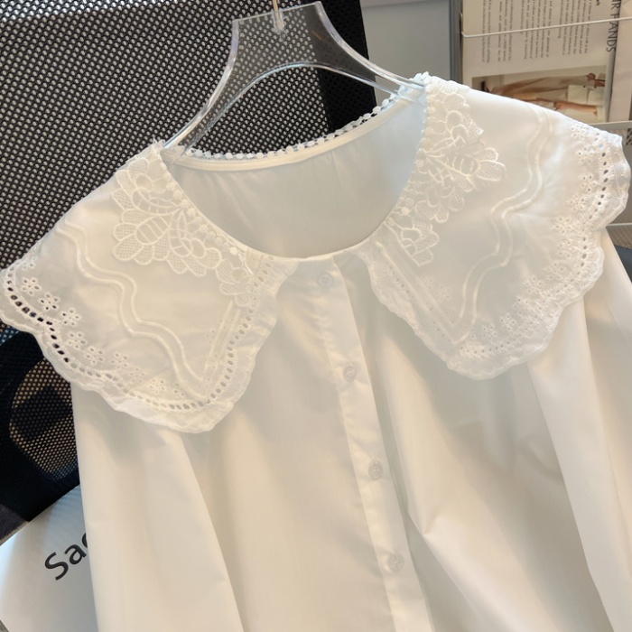 Crochet autumn shirt doll collar white tops for women