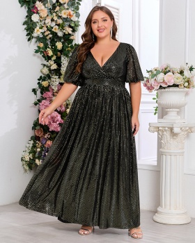 Big skirt V-neck short sleeve large yard splice dress