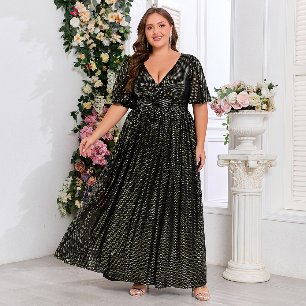 Big skirt V-neck short sleeve large yard splice dress