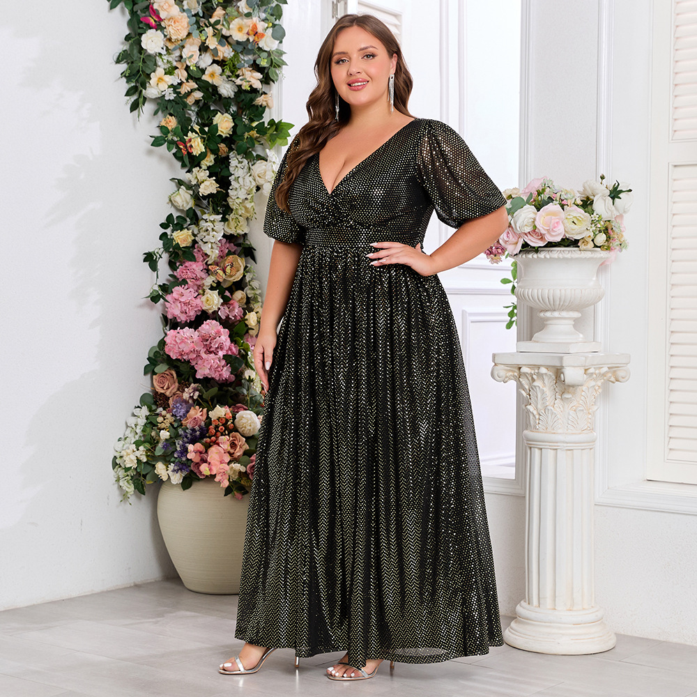 Big skirt V-neck short sleeve large yard splice dress