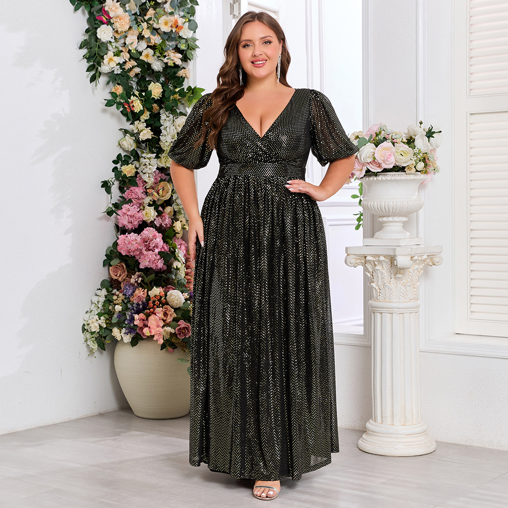 Big skirt V-neck short sleeve large yard splice dress