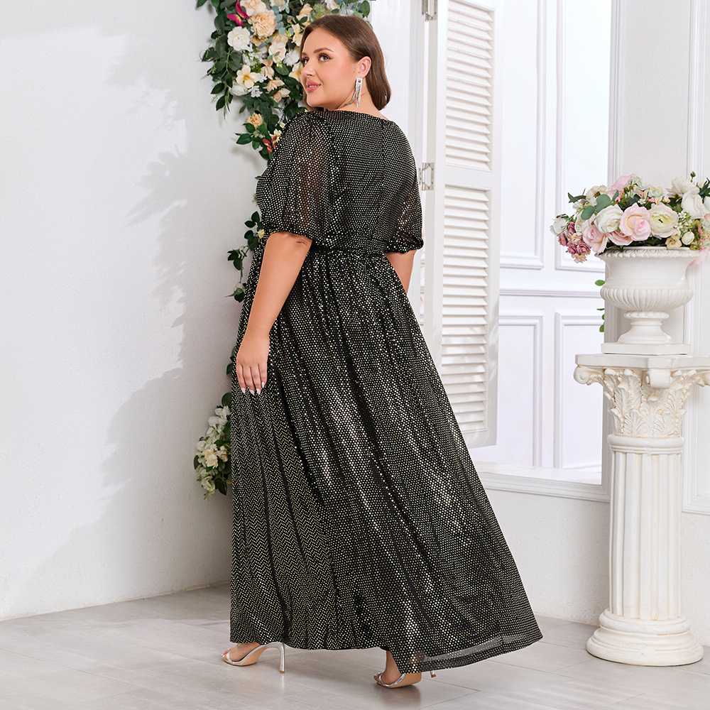 Big skirt V-neck short sleeve large yard splice dress