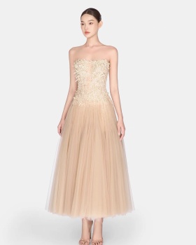 Lace flowers evening dress pinched waist slim long dress