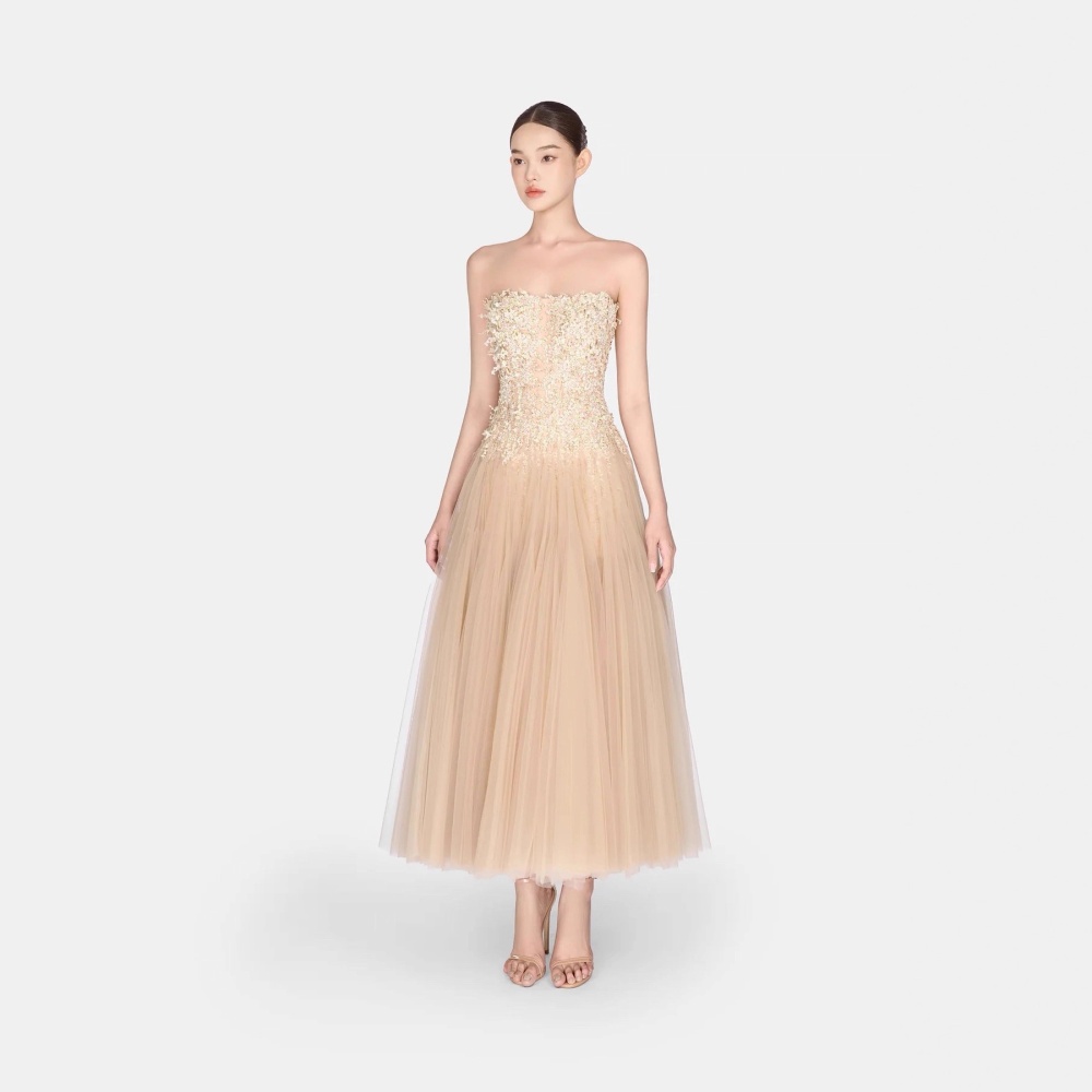 Lace flowers evening dress pinched waist slim long dress