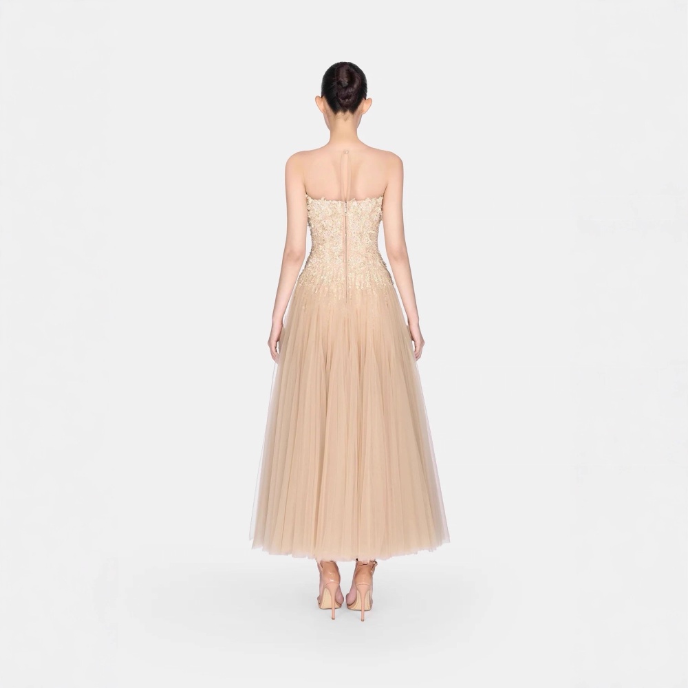 Lace flowers evening dress pinched waist slim long dress