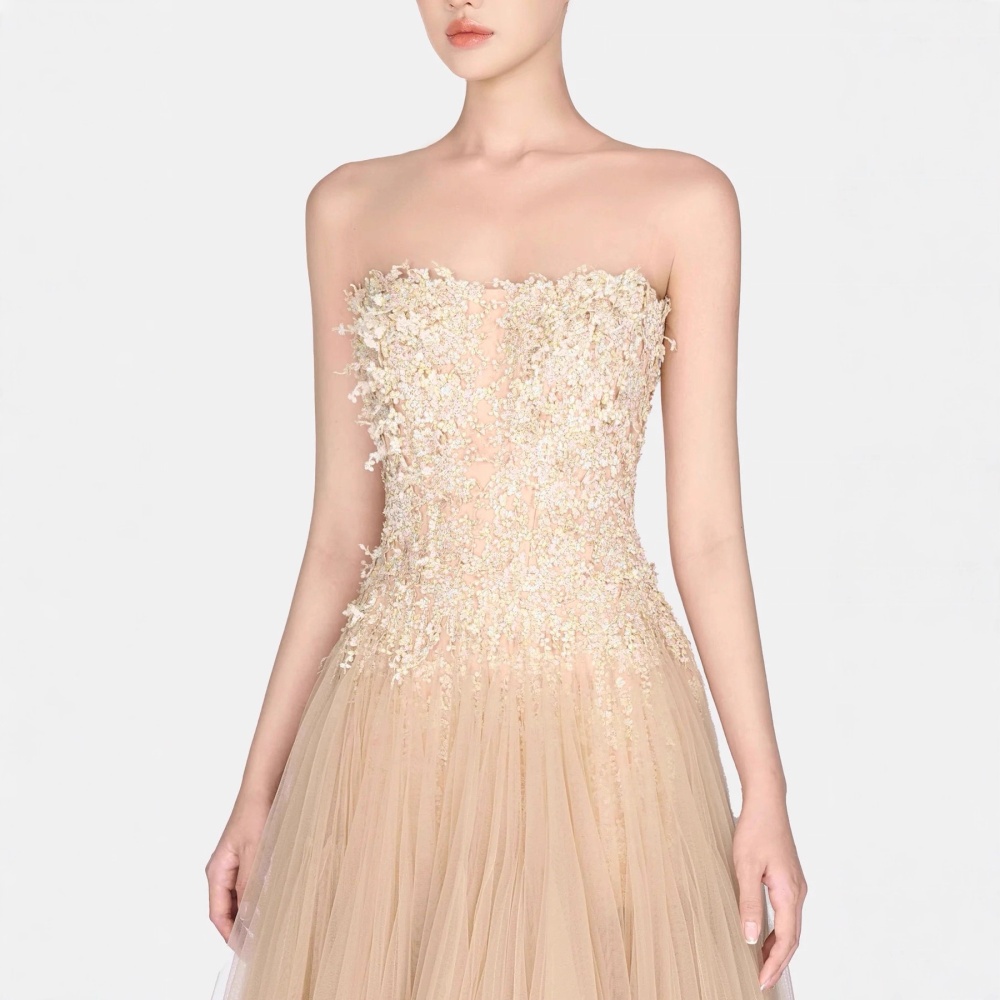 Lace flowers evening dress pinched waist slim long dress